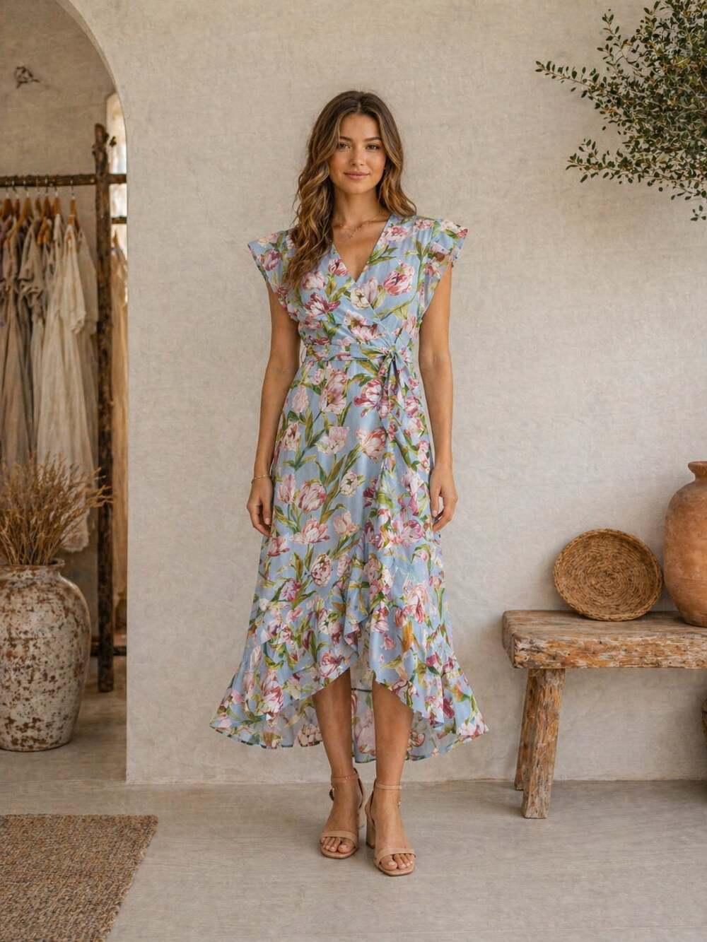 Maison Tara Blue Floral Tulip Print High Low Wrap Dress Size 8